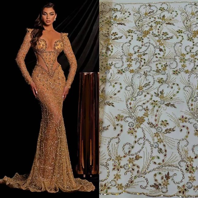 Luxury handbeaded fabric material 202353